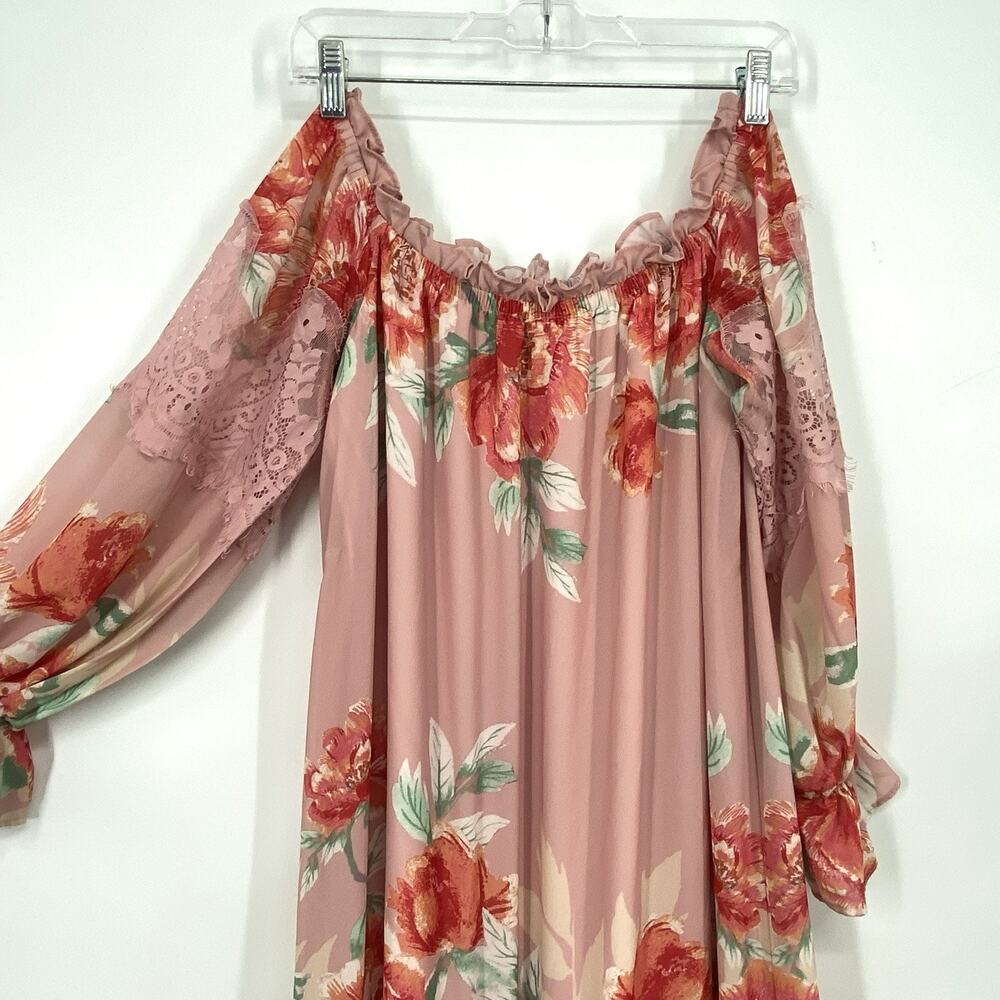 Champagne & Strawberry Maxi Dress Small Off Shoulder Pink Floral Chiffon Peasant - Picture 10 of 16